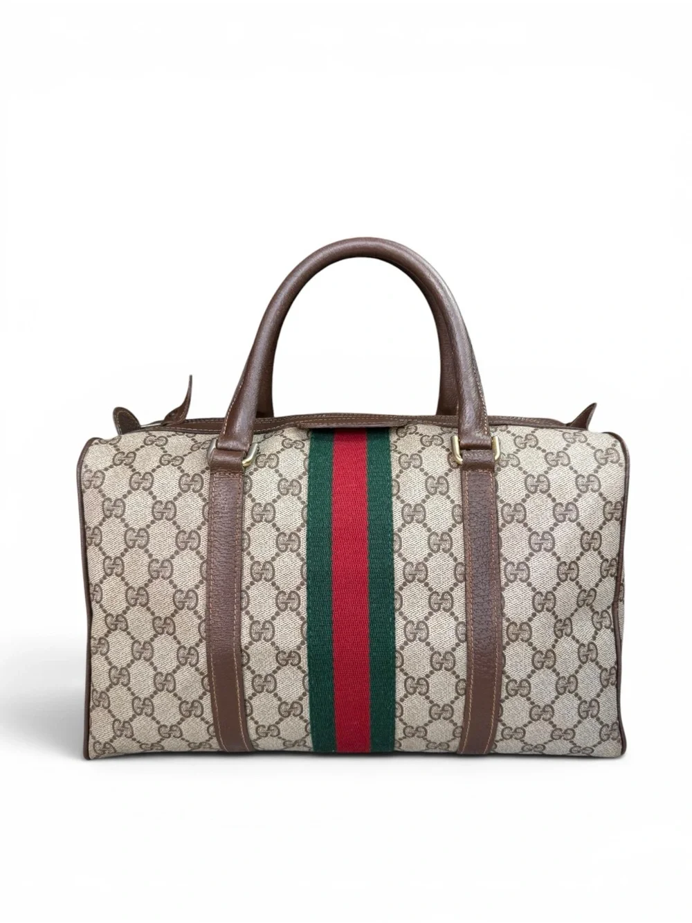 Gucci Beige GG Supreme Canvas Duffel with Brown Leather and Green-Red Web